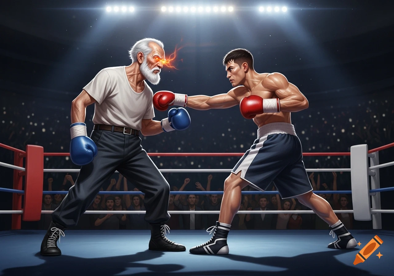 Two stylized boxers, an older man with glowing eyes and a younger man, face off in a brightly lit boxing ring with a crowd.