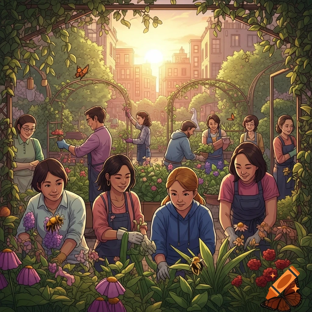 Diverse group of people gardening in a lush urban community garden with flowers, bees, and butterflies at sunset, surrounded by buildings.