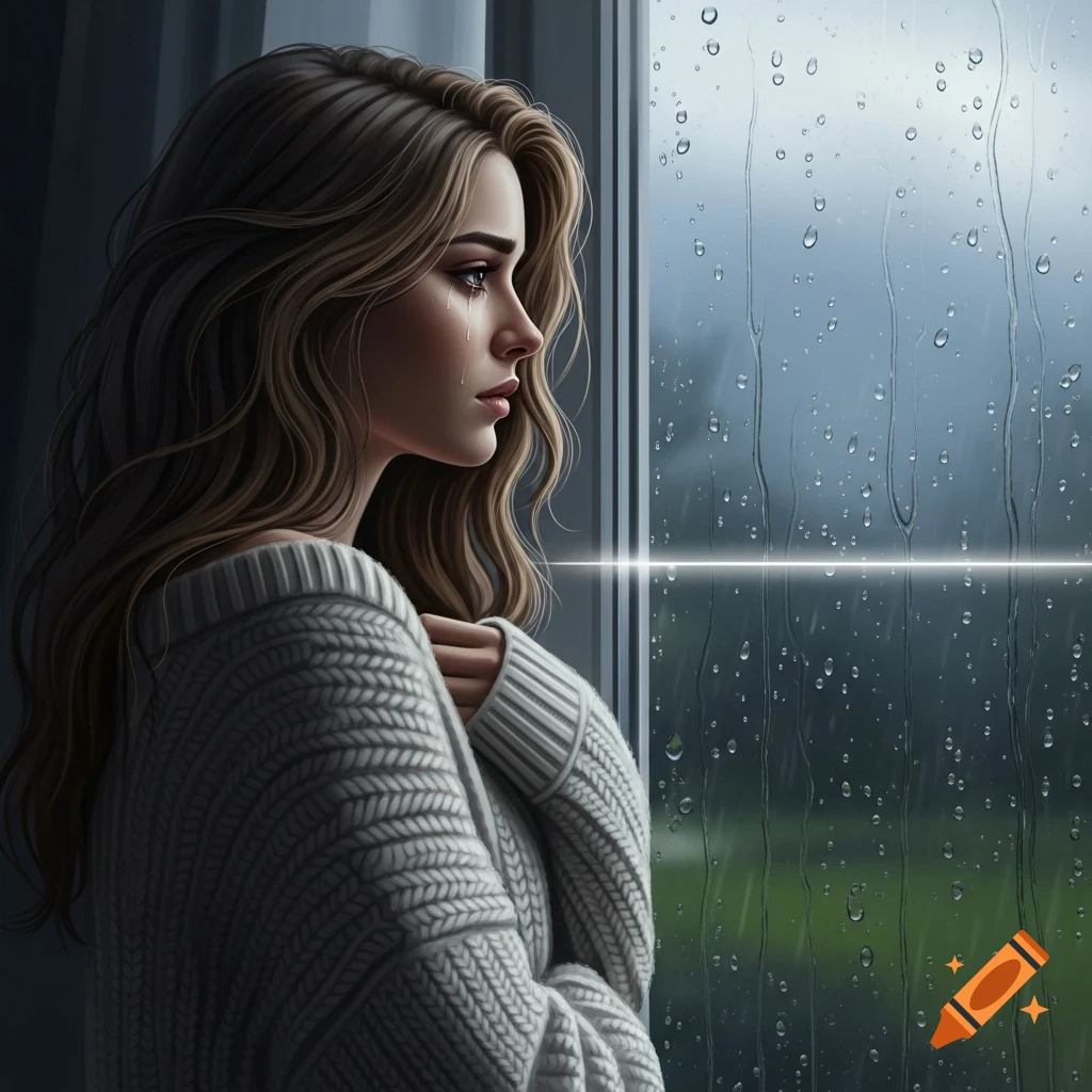A photorealistic depiction of a sad woman with long wavy hair, wearing a white sweater, looking out a rainy window with tears.
