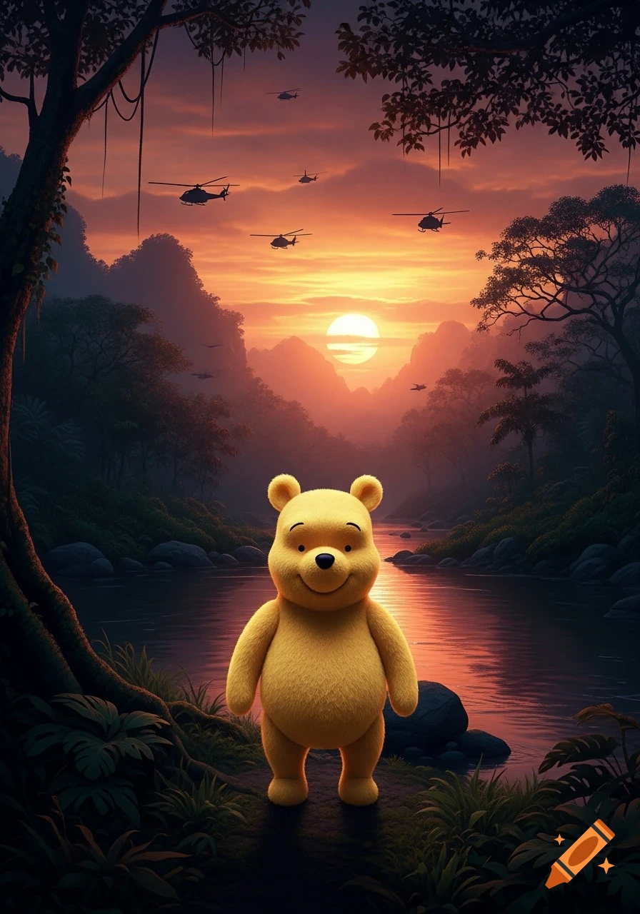 Winnie the Pooh stands smiling by a river in a jungle at sunset, with silhouettes of helicopters flying overhead.