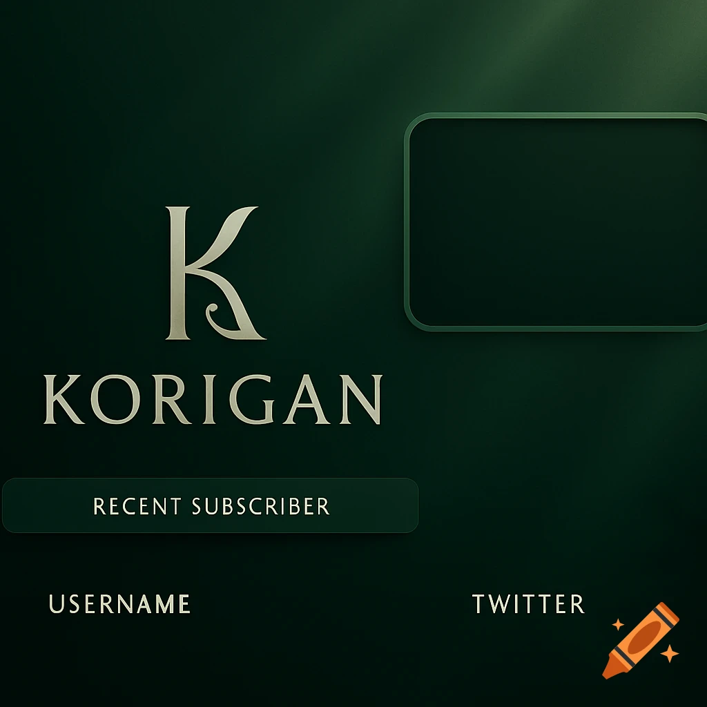 A dark forest green Twitch overlay with a stylized KORIGAN logo, 'Recent Subscriber' button, and 'Username' and 'Twitter' placeholders.