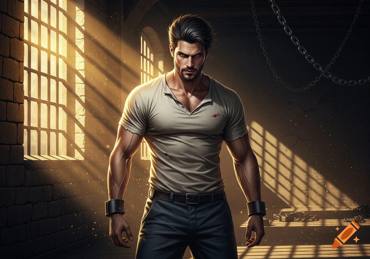 A handsome, dangerous-looking prisoner with shackles on his wrists stands in a sunlit prison cell.