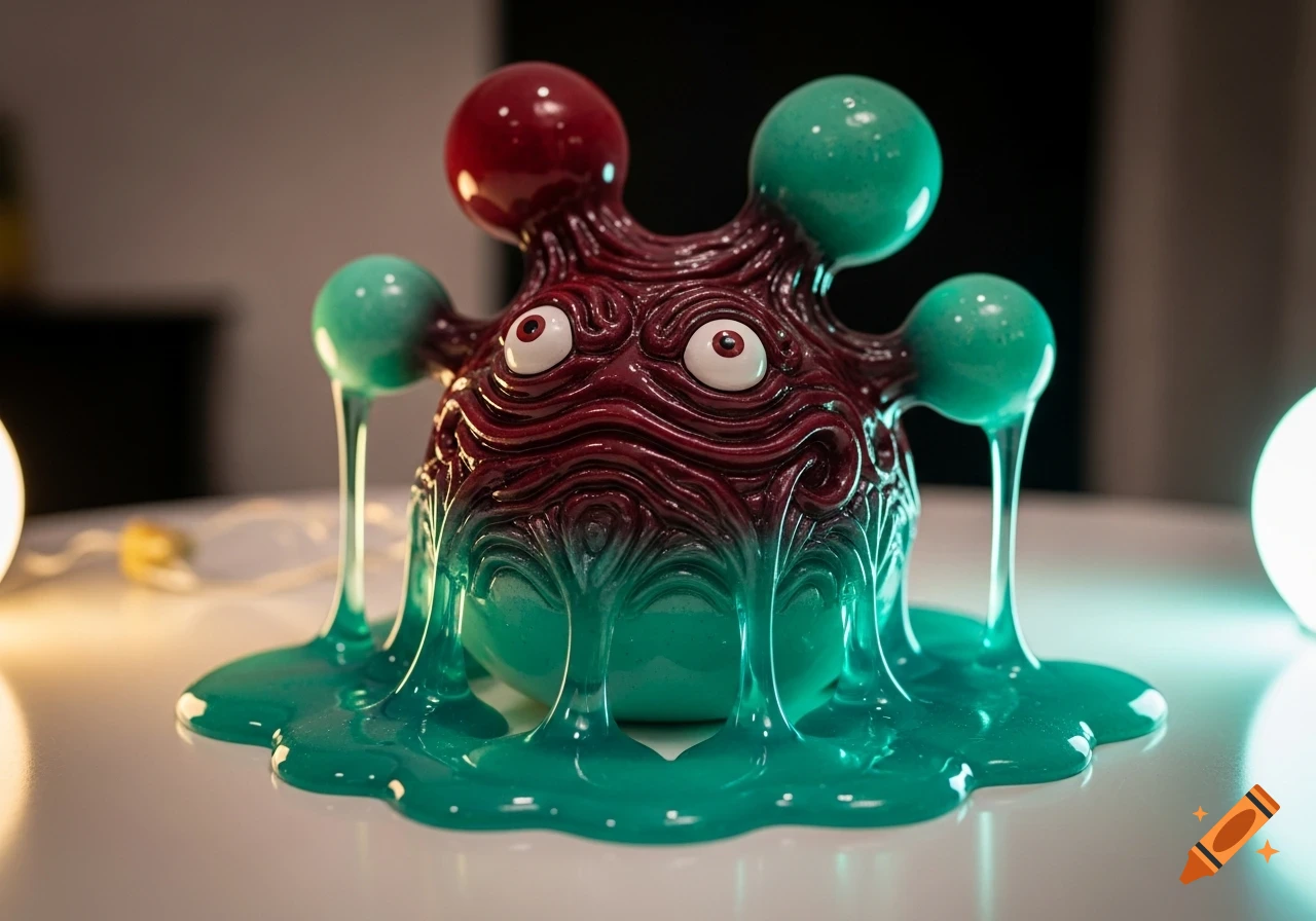 A grotesque dark red and aqua green toy-like creature with large eyes and slime dripping down its body.