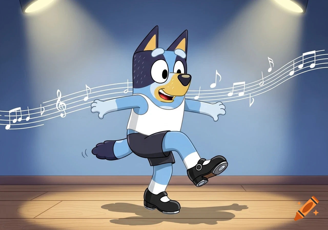 Cartoon Bluey, a blue dog, tap dancing on a wooden stage under spotlights with musical notes floating around her.
