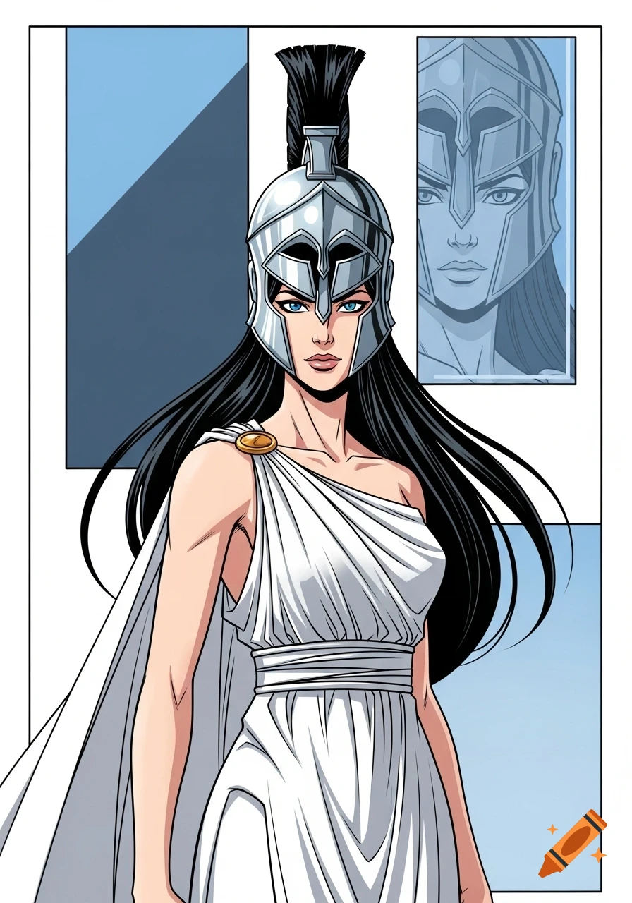 A comic style illustration of a woman with black hair, blue eyes, wearing a silver helmet and a white toga, with a faint profile in the background.