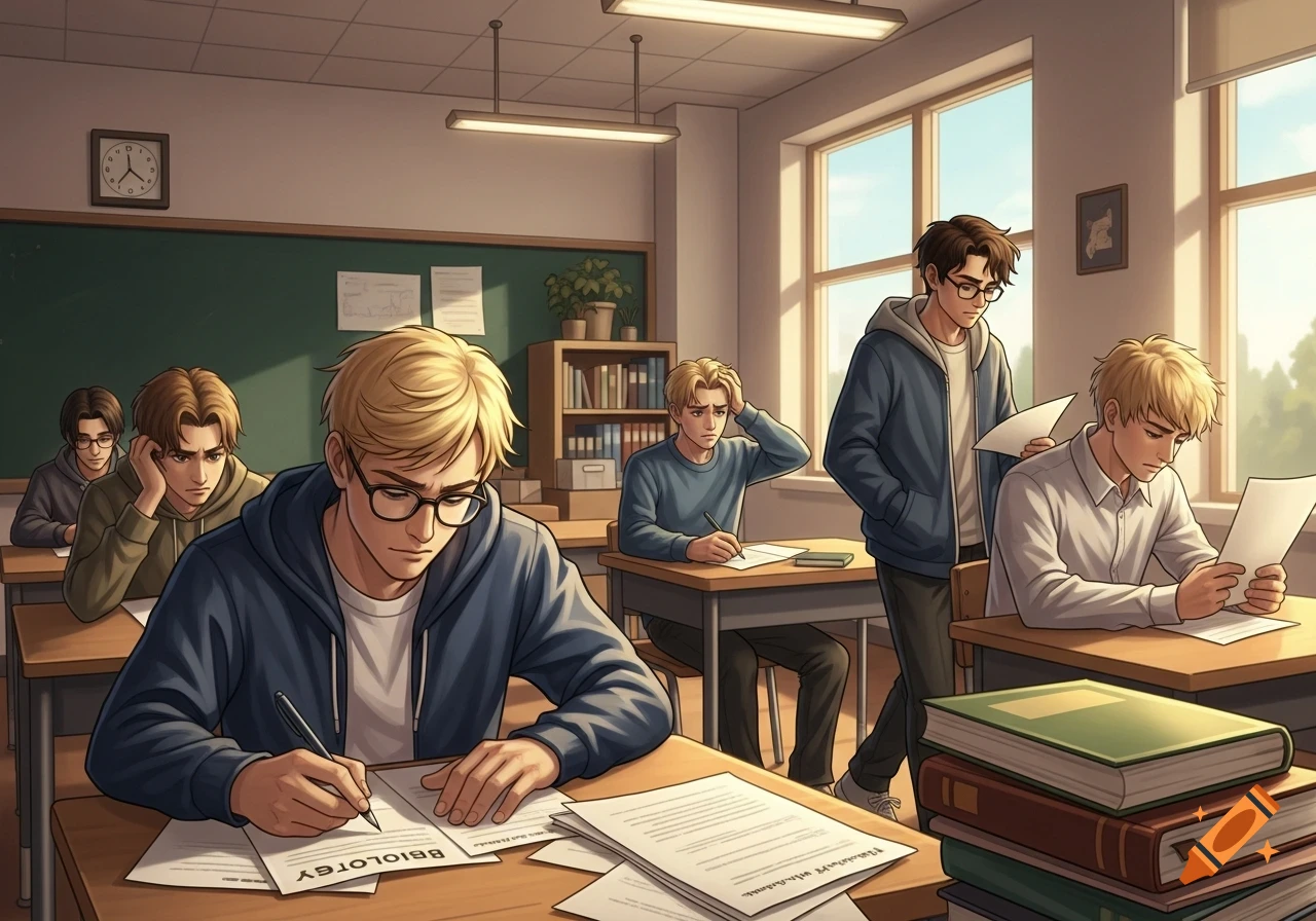 Several male anime-style students are taking a test in a bright classroom, some looking stressed, while one writes on a paper.