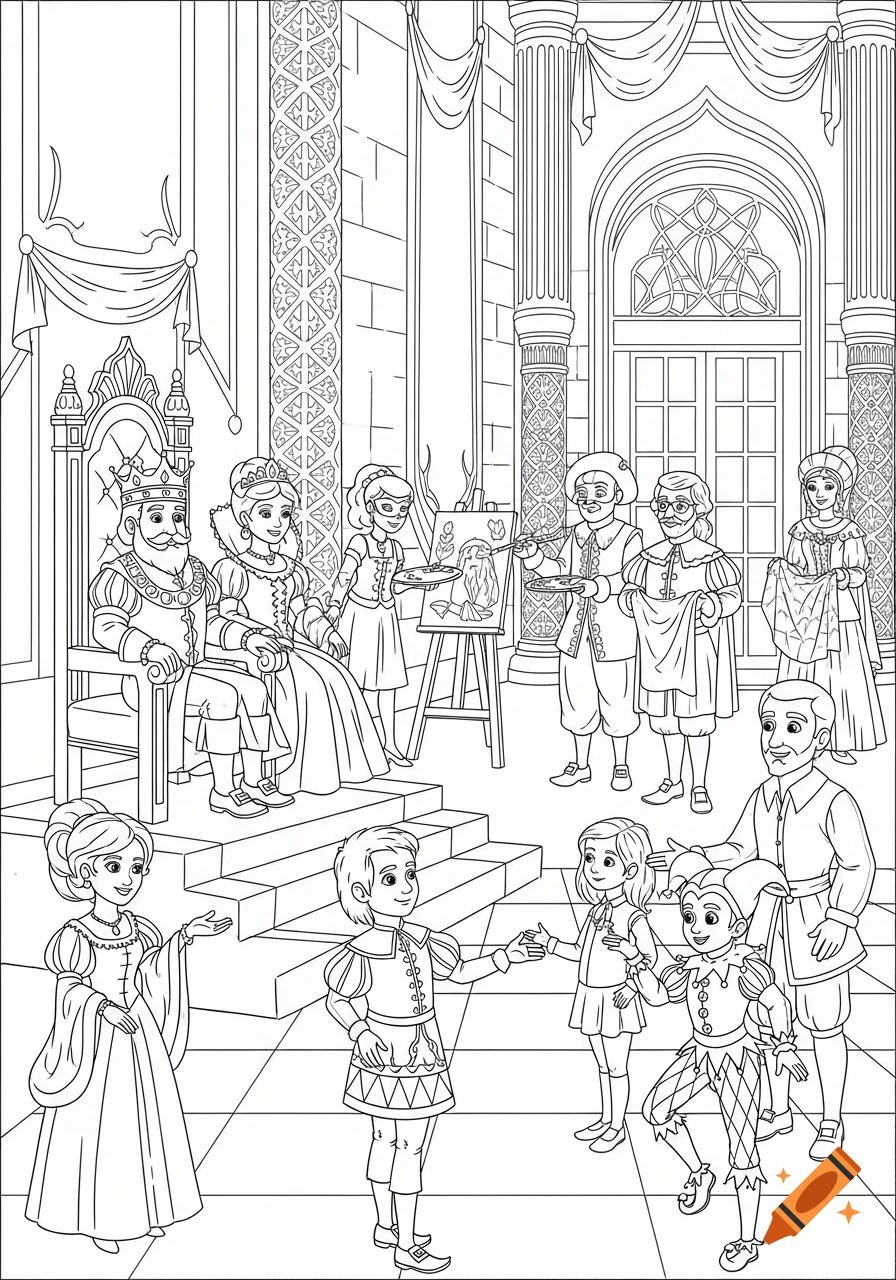 A black and white coloring page of a royal court scene with a king, queen, various attendants, a painter, children, and a jester in a grand hall.