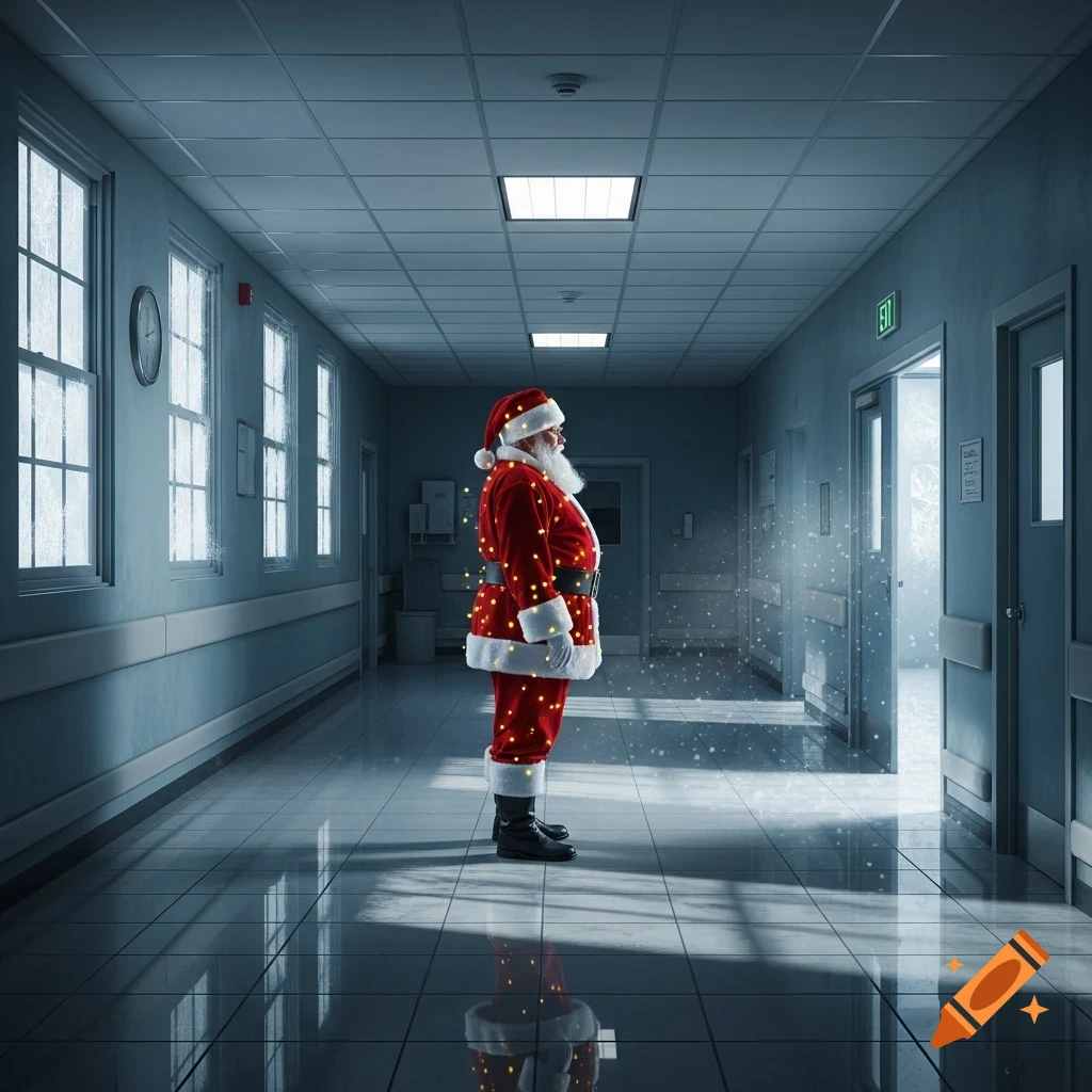 Photorealistic image of Santa Claus in a dimly lit hospital corridor, wearing a festive suit with lights, as snow emanates from a glowing exit door.