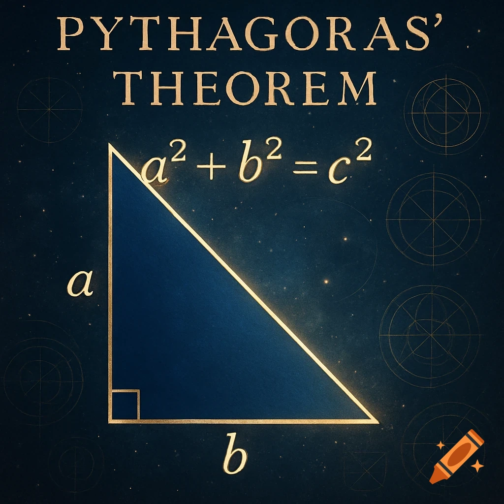 A right-angled triangle outlined in gold, labeled 'a' and 'b', against a cosmic blue background with gold geometric patterns. Above it, 'PYTHAGORAS' THEOREM' and 'a² + b² = c²' in gold text.