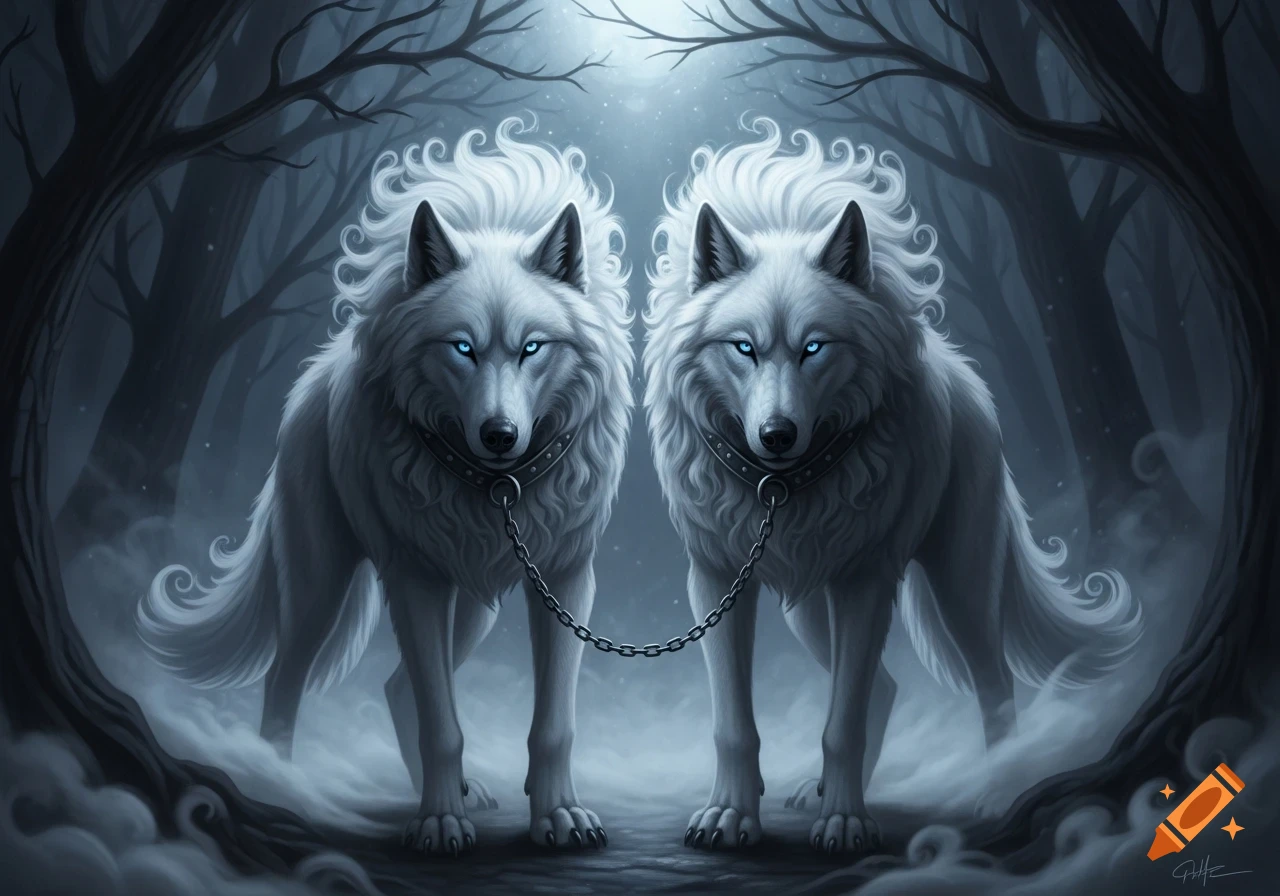 Two white wolves with glowing blue eyes and curly, mist-like fur, connected by chain collars, stand in a dark, foggy forest. Digital fantasy art.