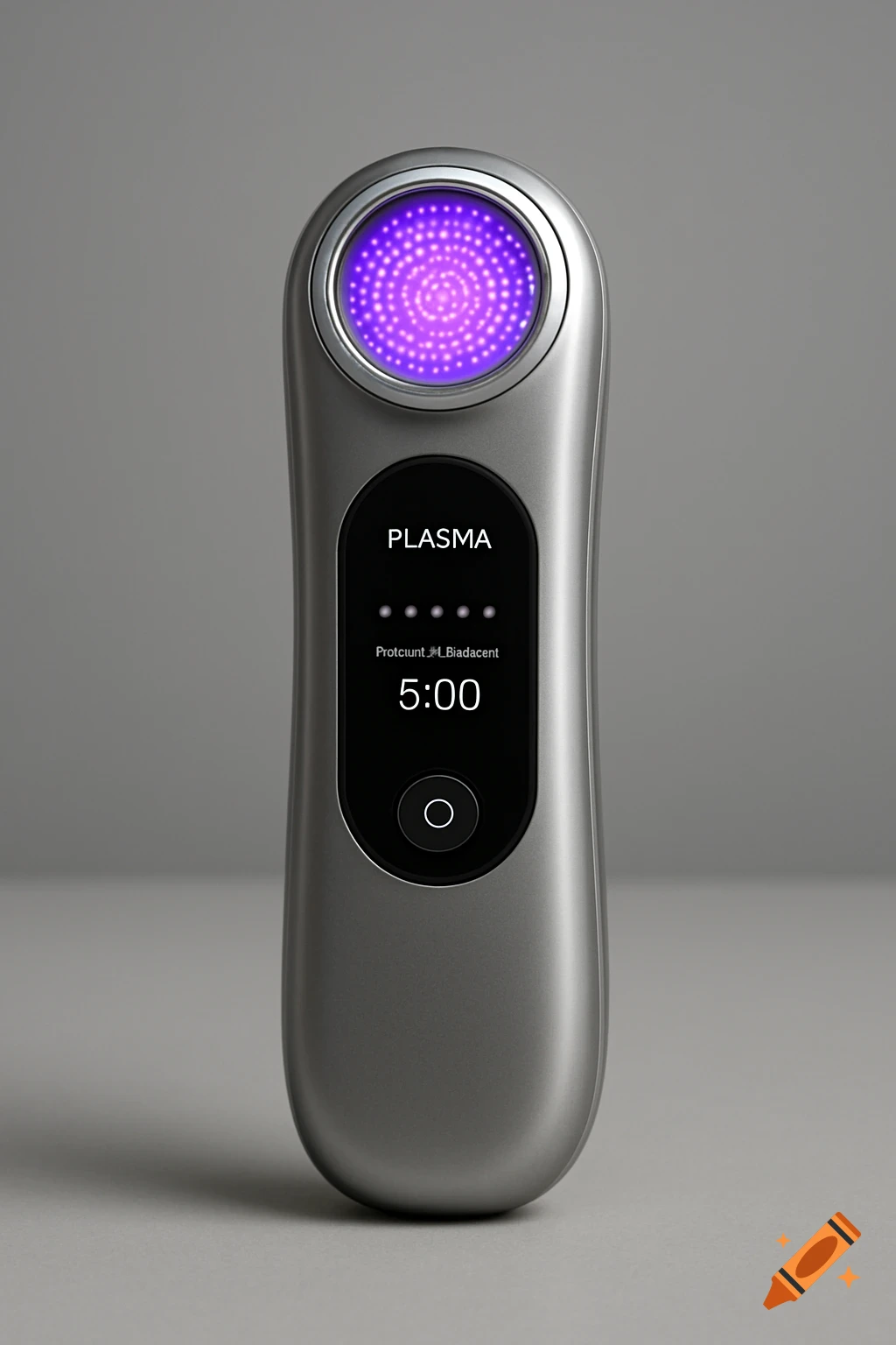 A sleek, silver handheld beauty device with a glowing purple light and a digital screen displaying "PLASMA", "Protciunt_H_Biadacent", and "5:00" against a gray background.