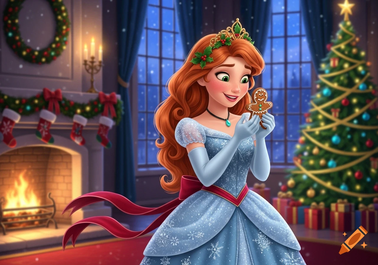 A red-haired princess in a blue gown holds a gingerbread man in a festive castle hall with a Christmas tree and fireplace, Disney-Pixar style.