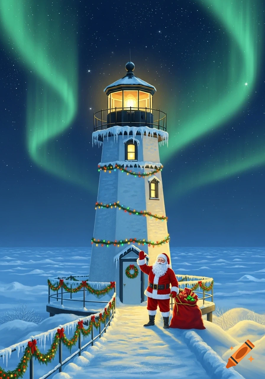 Santa Claus waves beside a snow-covered lighthouse decorated with Christmas lights under a starry night sky with green Northern Lights.