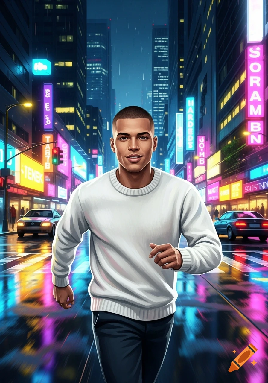A man in a white sweater jogs through a vibrant, neon-lit city street at night, with colorful reflections on the wet ground, in a digital art style.
