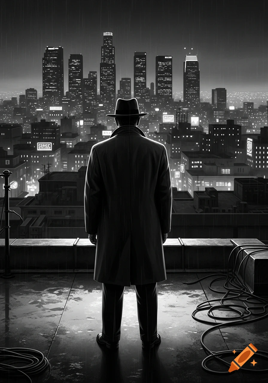 A man in a fedora and trench coat stands on a rainy rooftop, overlooking a black-and-white city skyline at night in a film noir style.