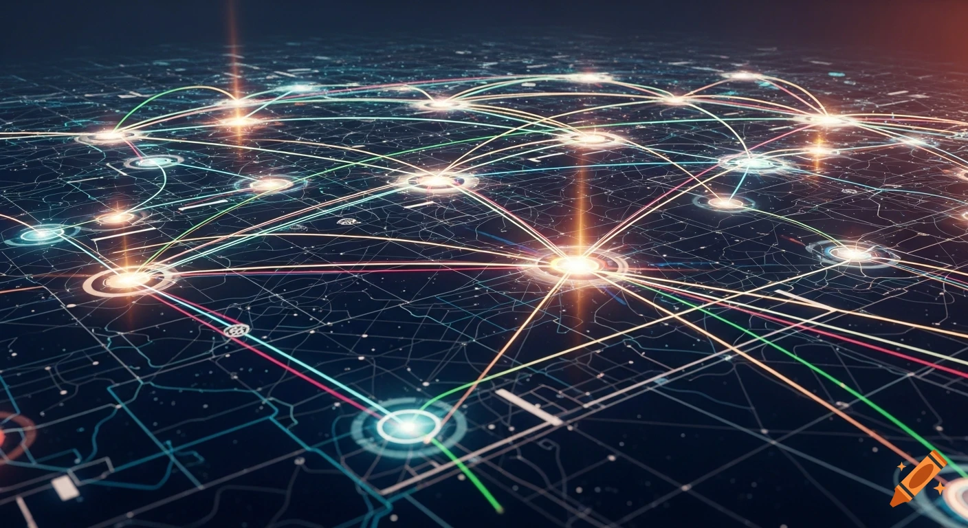 Abstract digital network map with glowing nodes and vibrant connecting lines on a dark background.