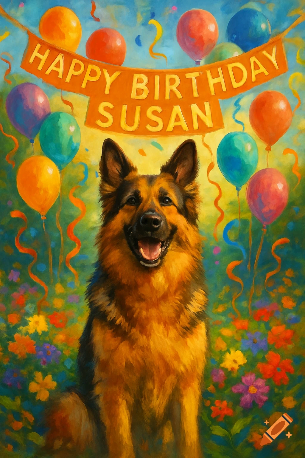 Painted German Shepherd smiles cheerfully with a 'Happy Birthday Susan' banner, colorful balloons, and flowers.