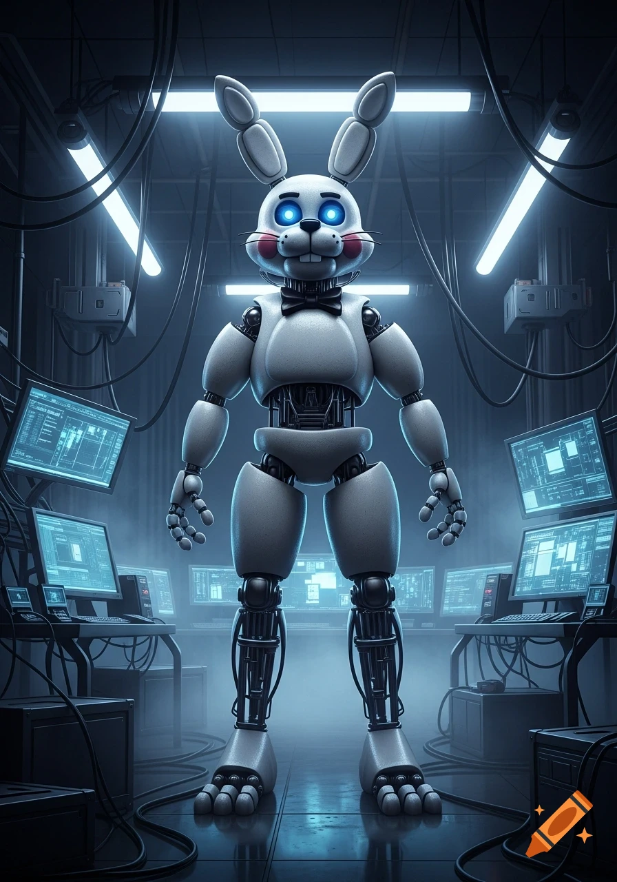 A tall, white animatronic rabbit with glowing blue eyes and a bow tie stands in a dark, glowing blue server room with many screens.