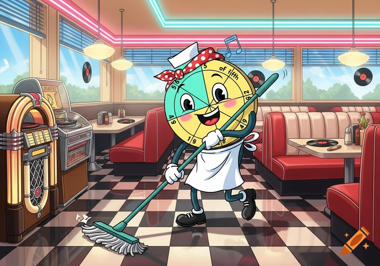 A cheerful anthropomorphic 'Circle of Fifths' character, wearing a diner uniform, mops the checkerboard floor of a retro 1950s diner.