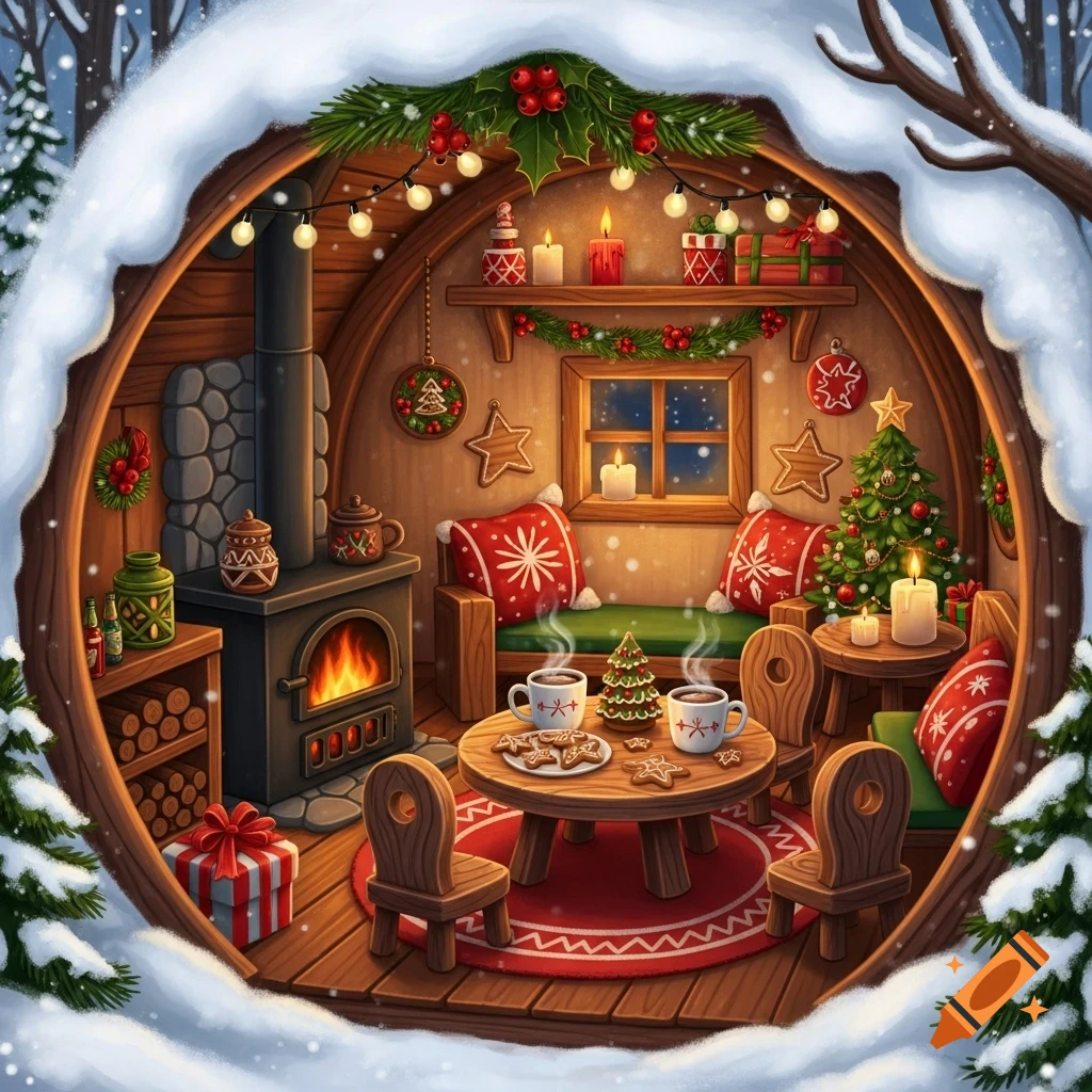 Illustrated cozy Christmas gnome home inside a snowy tree trunk with a fireplace, festive decorations, and hot drinks on a table.