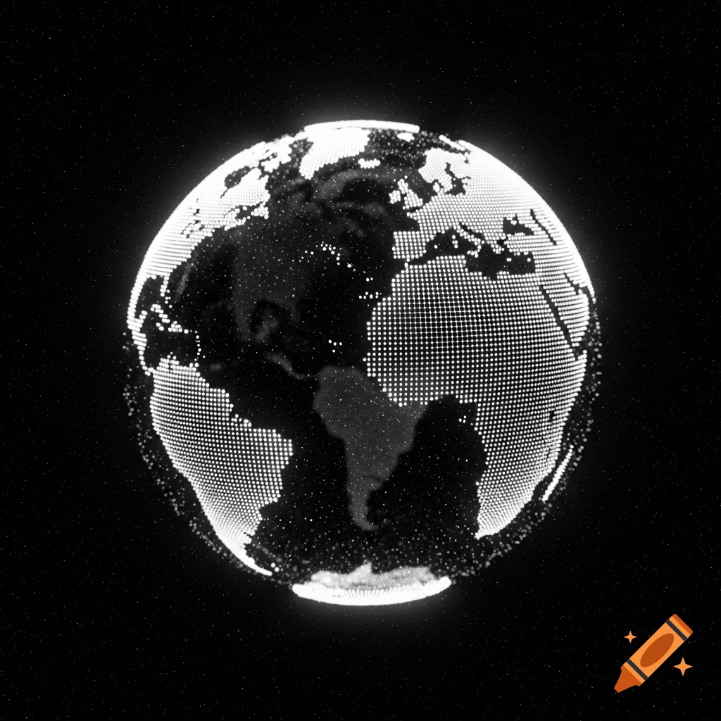 A digital art rendering of Earth as a globe made of white dots on a black, starry background.