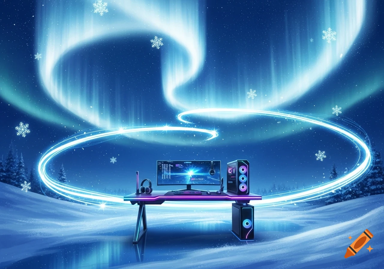 Gaming setup on a desk in a snowy landscape under a blue aurora borealis with glowing trails and snowflakes.