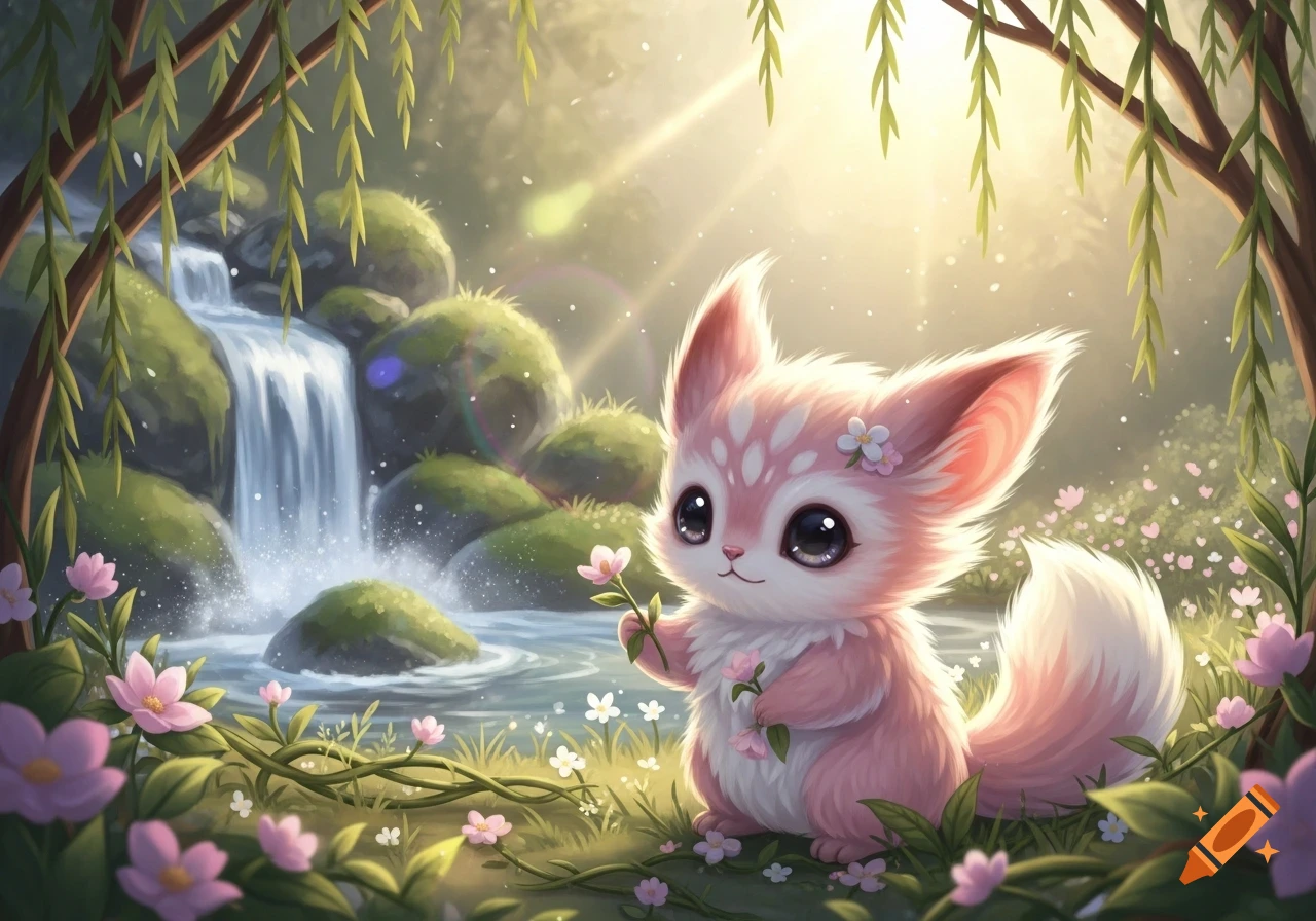 A cute, pink, big-eyed creature holds a pink flower in a magical forest with a waterfall and luminous rays. Illustrative.