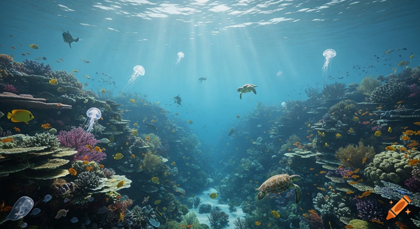 Photorealistic underwater scene with vibrant coral reefs, various fish, sea turtles, and jellyfish, bathed in sunlight.