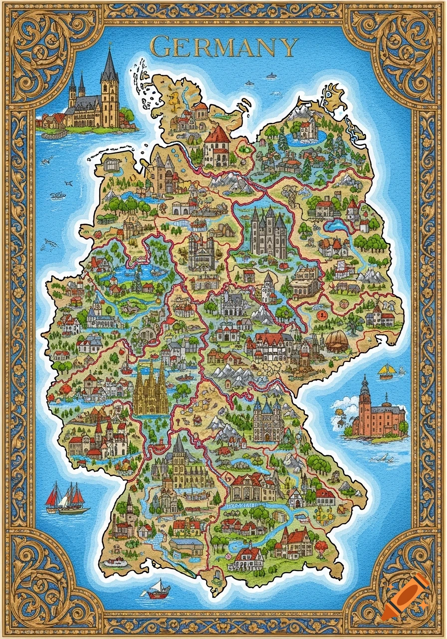Colorful, cartoon-style map of Germany, featuring numerous detailed castles, churches, and landmarks.
