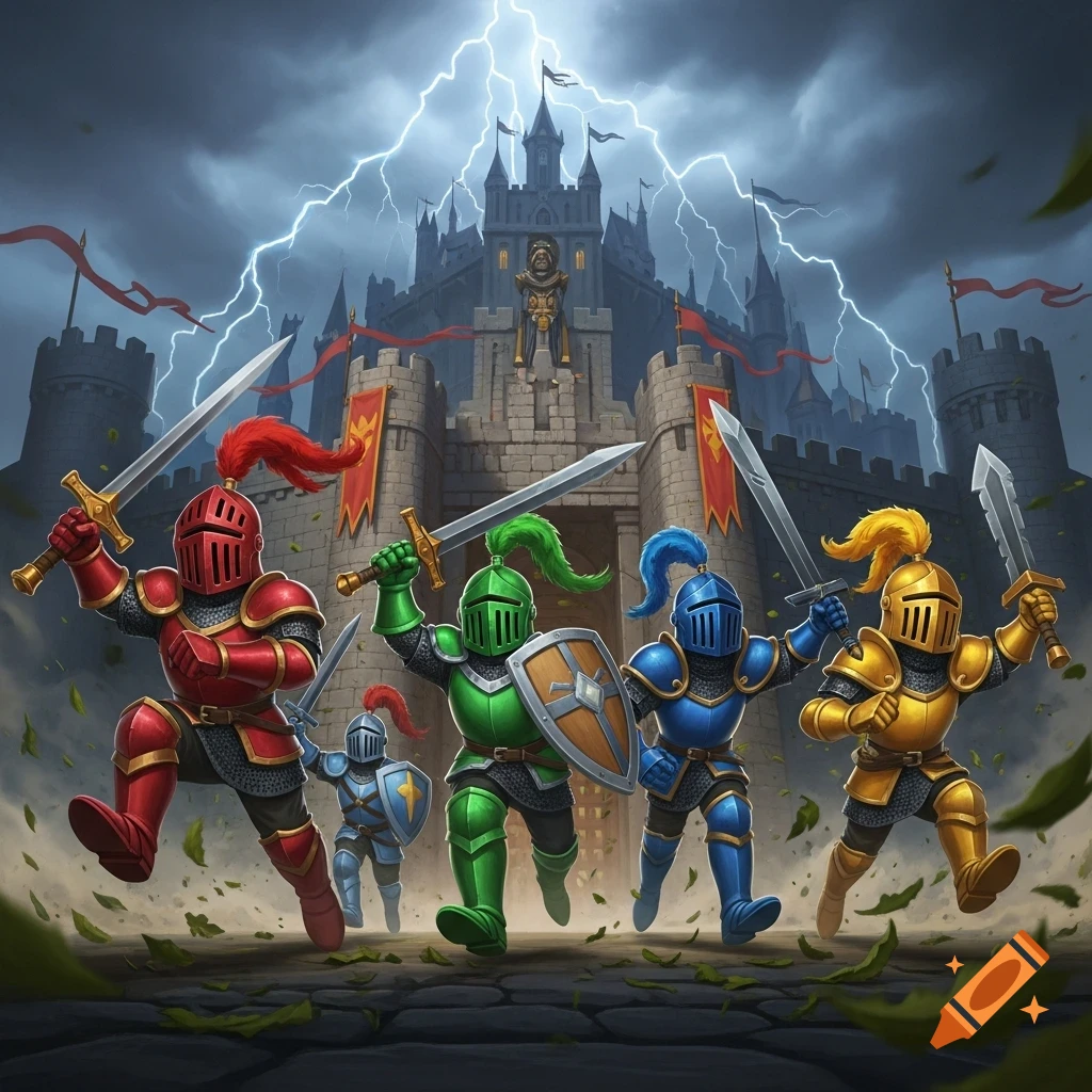 Five colorful cartoon knights in armor, wielding swords and shields, charge forward from a castle under a stormy, lightning-filled sky.