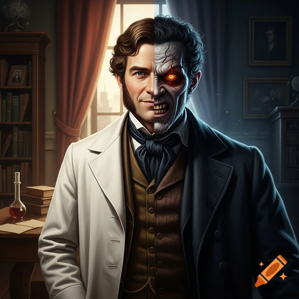A dramatic split image of Dr. Jekyll as a kind Victorian gentleman and Mr. Hyde as a demonic, monstrous creature.