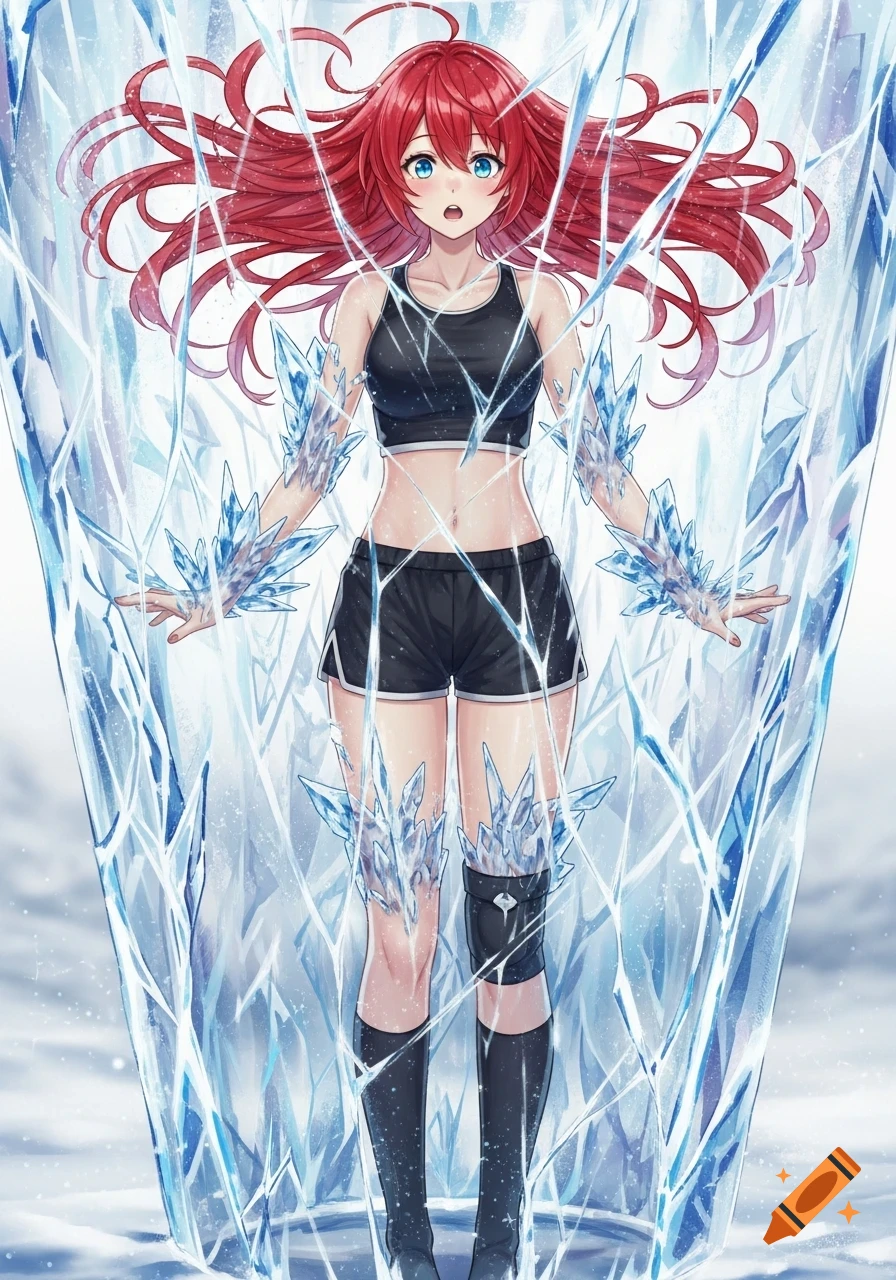 Anime woman with red hair, blue eyes, black sports bra, shorts, and socks, encased in clear ice with a surprised expression.