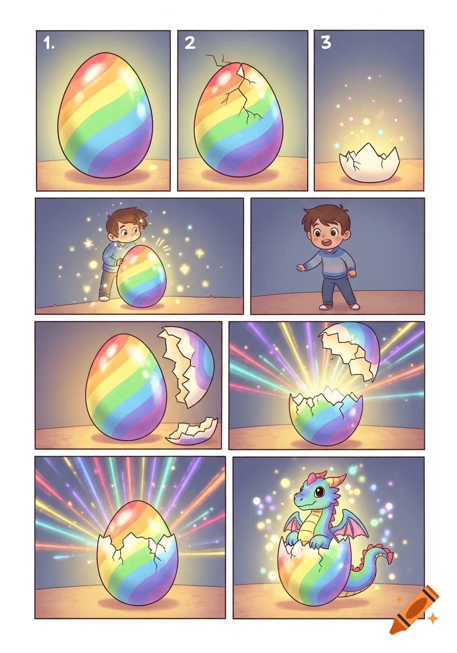 A cartoon comic strip shows a rainbow egg cracking and a little boy watching in surprise as a colorful dragon hatches from it amidst magical sparkles.