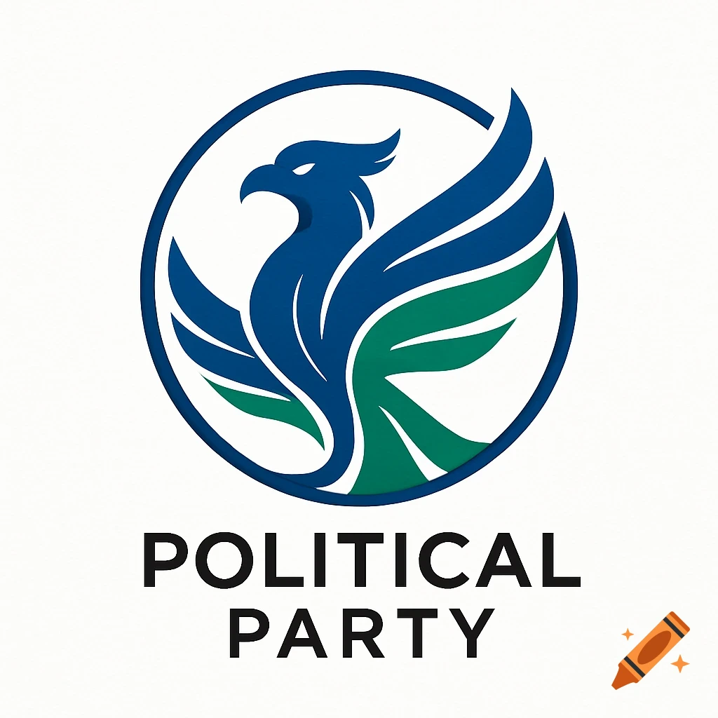 A blue and green stylized eagle or phoenix logo within a blue circle, with "POLITICAL PARTY" text below.