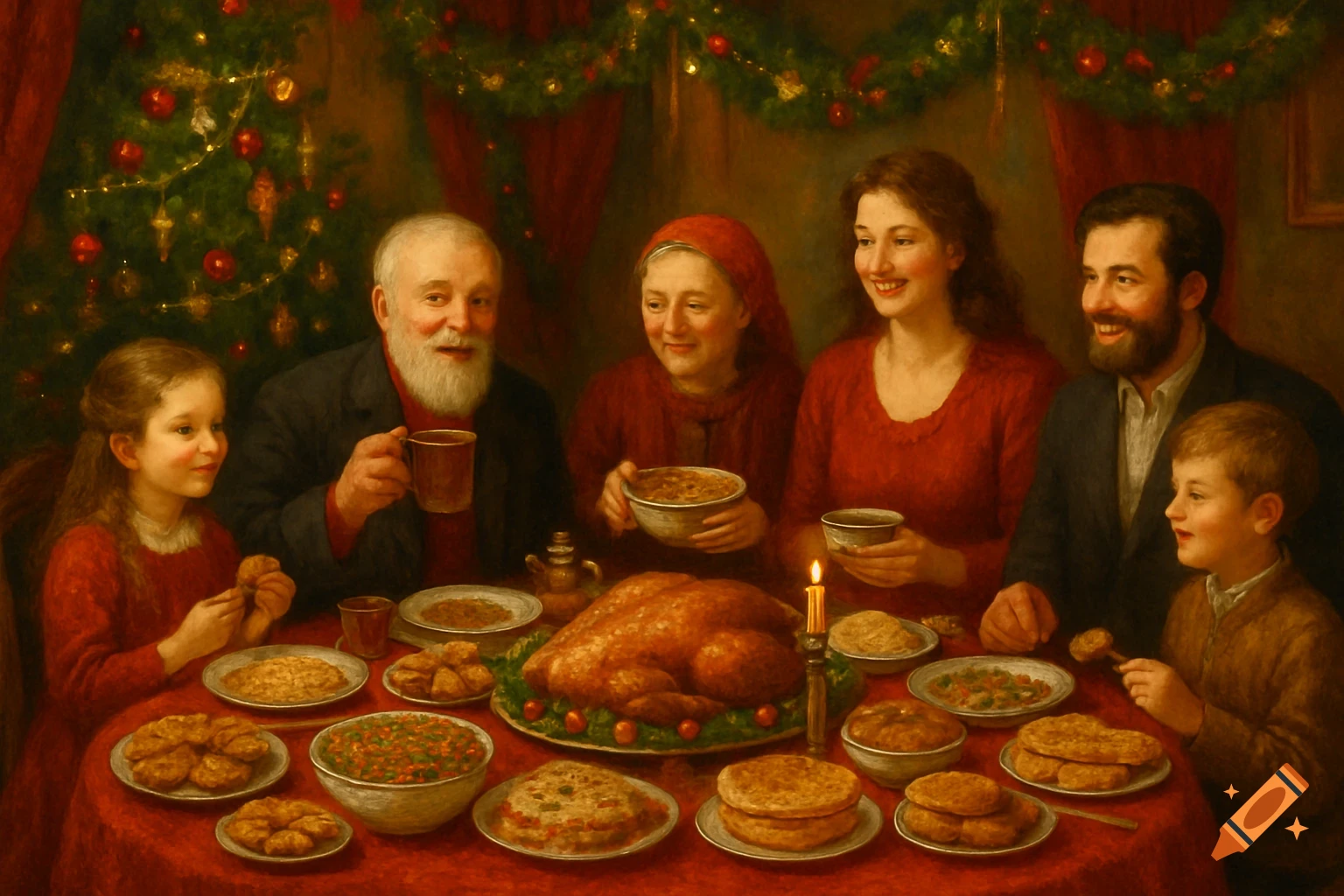 A painting of a multi-generational family gathered around a table for a festive Christmas dinner, featuring a roasted turkey, various dishes, and a decorated Christmas tree in the background.