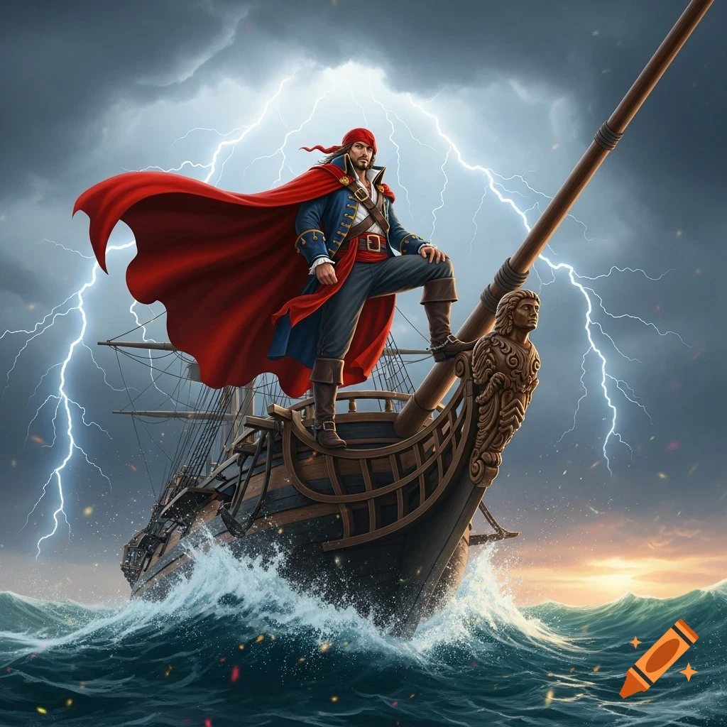A pirate captain in a red cape stands defiantly on the bow of a ship amidst a stormy sea with lightning, digital art.