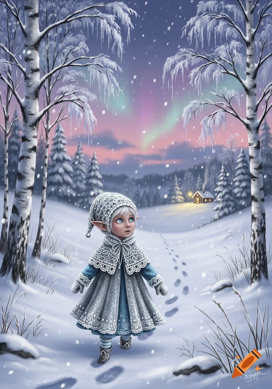 An illustrated little elf child walks through a snowy forest at dusk, under green and pink northern lights, with a distant cabin.