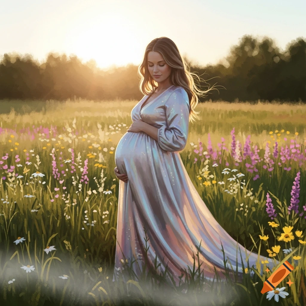 A pregnant woman in a shimmering gown cradles her belly in a sunlit field of wildflowers.