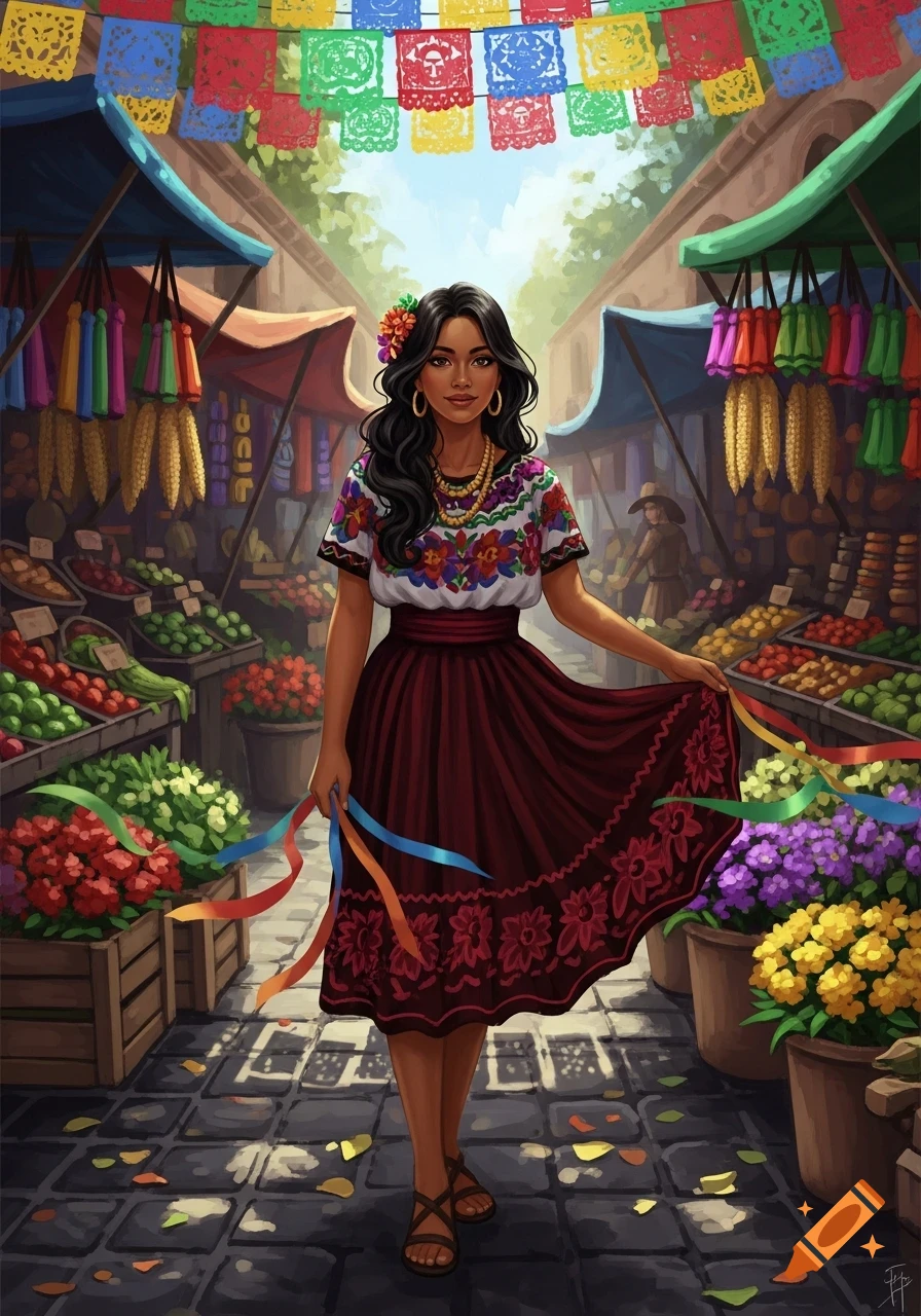 Illustrated Mexican woman in traditional dress walks through a vibrant market adorned with papel picado, holding colorful ribbons.