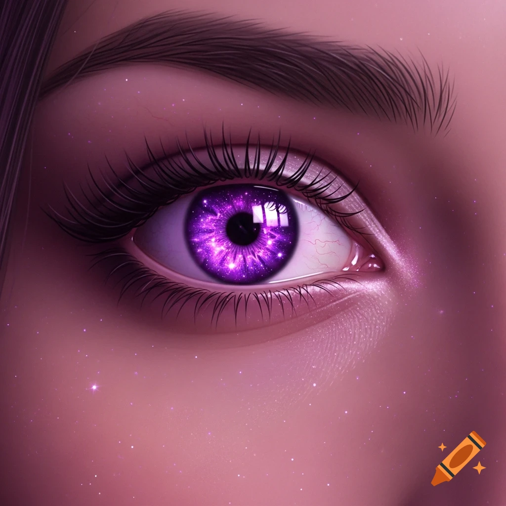 A close-up of a glowing female eye with a vibrant purple, galaxy-like iris and long eyelashes.