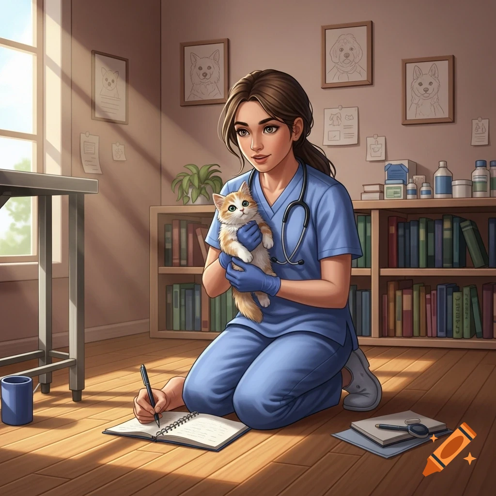 A young female vet student in blue scrubs kneels on a wooden floor, holding a kitten and writing in a notebook in a sunlit room.