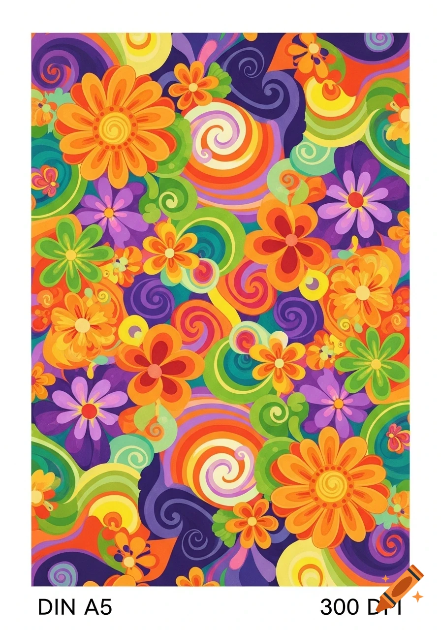 A vibrant, groovy psychedelic floral pattern in the style of the Flower Power era, featuring orange, purple, green, and yellow flowers amidst colorful swirls.