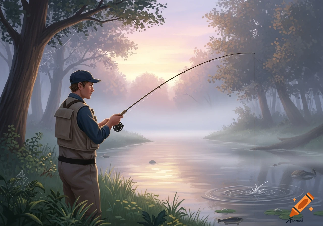 An illustration of a man fishing in a misty river at sunrise, surrounded by trees.