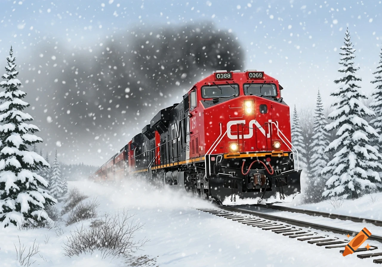 A red and black CN train travels through a snowy landscape with snow-covered pine trees and falling snow.