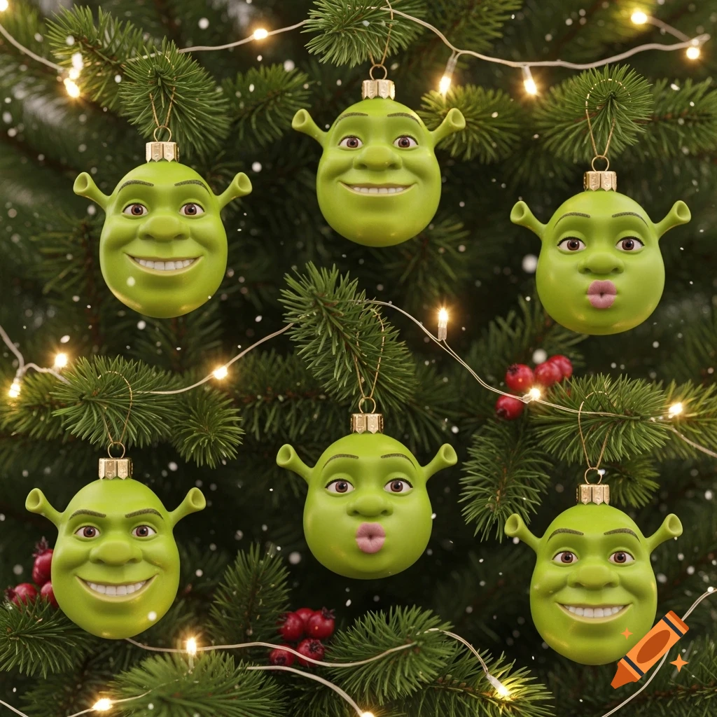 Photorealistic Shrek-faced Christmas ornaments with various expressions hang on a festive tree with fairy lights and red berries.