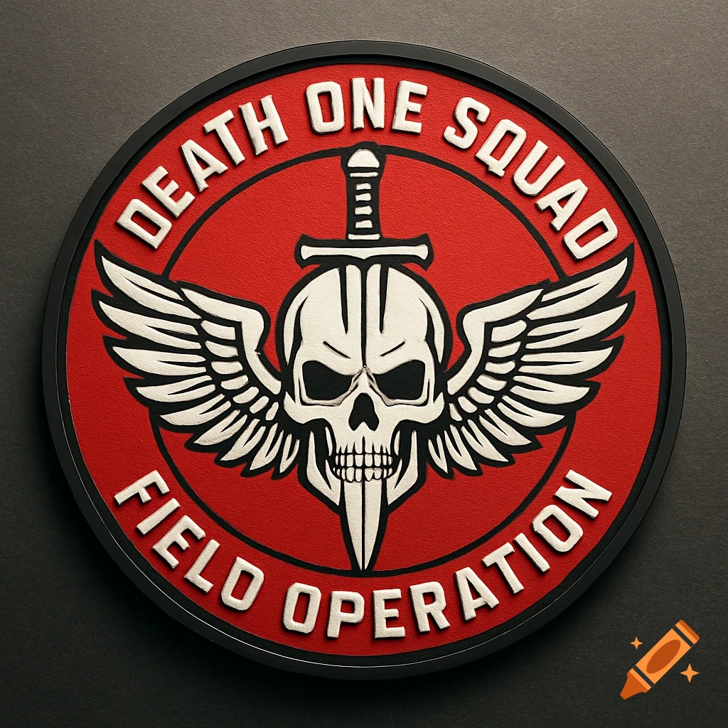 A circular red PVC logo featuring a white winged skull pierced by a sword, with text reading 'DEATH ONE SQUAD FIELD OPERATION'.