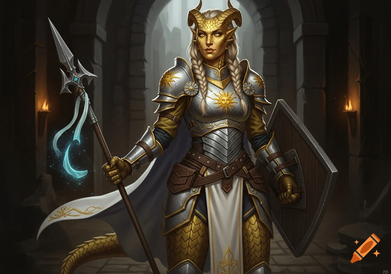 A golden-scaled female Dragonborn cleric in ornate half-plate armor, holding a spear and shield in a dungeon.