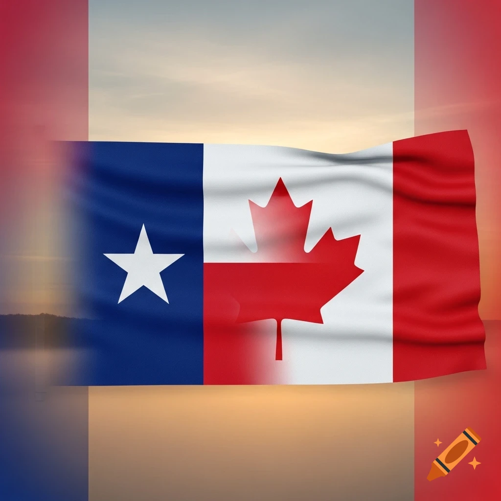 A photorealistic image showing a waving flag combining the Texas and Canadian flags against a sunset sky.
