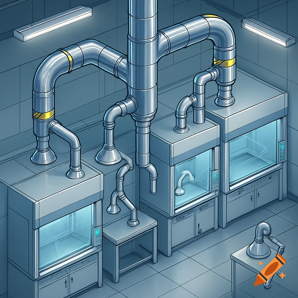 Isometric illustration of a clean laboratory featuring multiple fume cupboards with extensive metal ductwork and central risers.