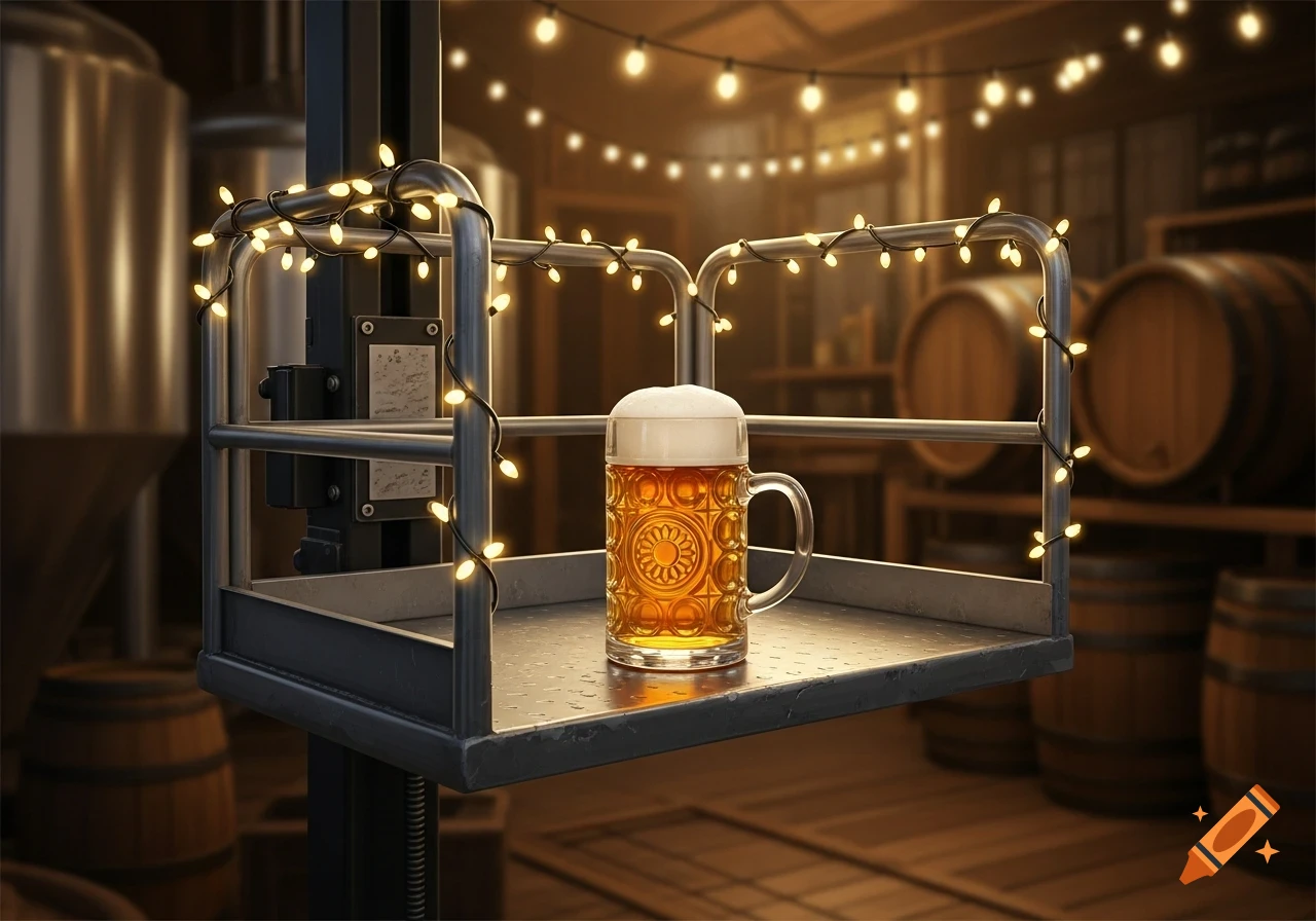 A frothy glass beer stein sits on a metal elevating platform adorned with string lights in a warm, dimly lit brewery with barrels and tanks in the background.